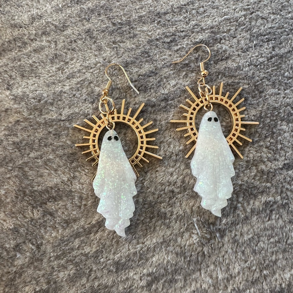 Acrylic Ghost Earrings Sun Gold Backing Glitter Goth Emo Alternative Dangle